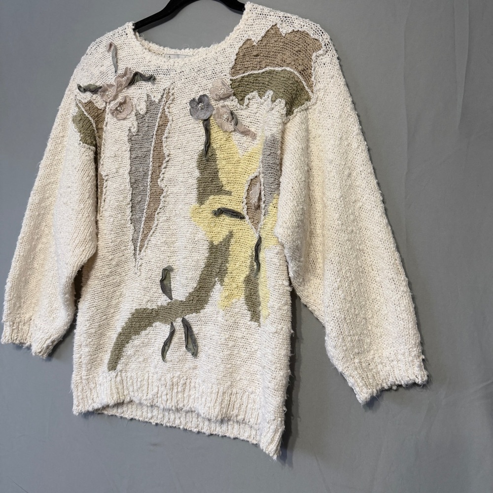 Vtg Alexis Womens Floral Chunky Knit Sweater Large Pearls Grannycore Cottagecore - Picture 5 of 10